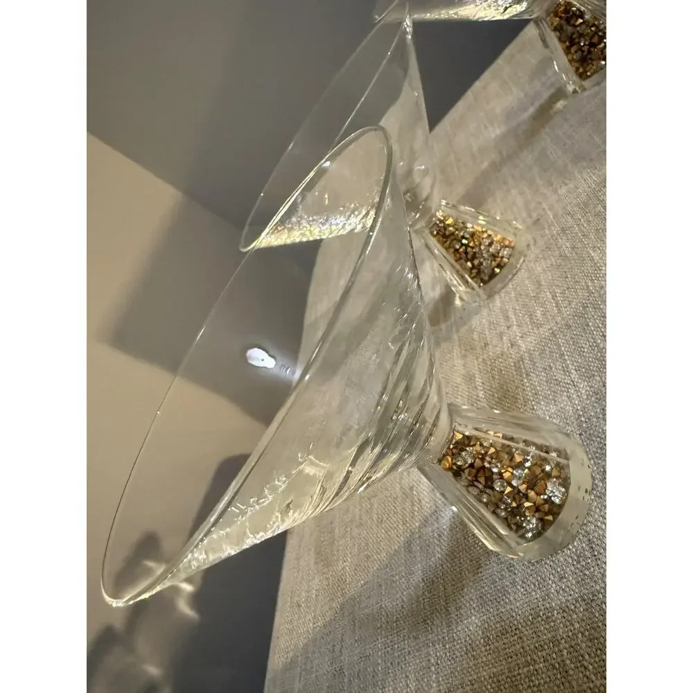 🍸✨ Set of 3 Martini Glasses w/ Gold & Clear Crystal-Style Filled Stems | 4.5”